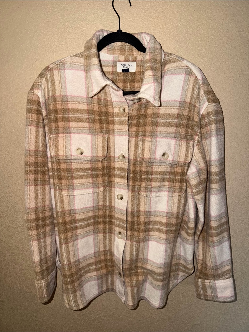 American Eagle Outfitters Cream, Tan & Pink Plaid Utility Shacket